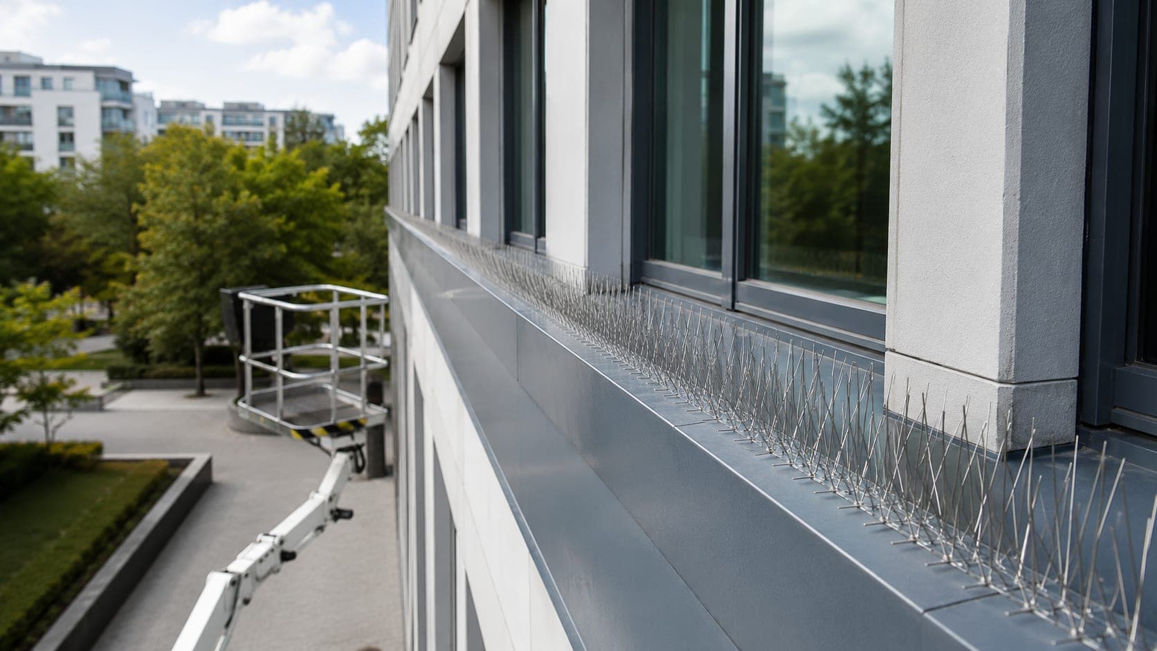 Taubenabwehr: montierte Taubenspikes auf den Fenstersimsen einer Bürofassade