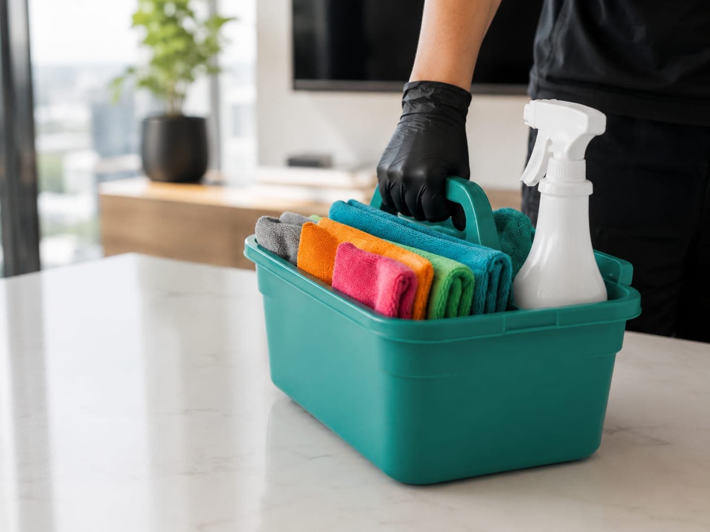 Reinigungscaddy von Cleanmaster 1974 mit Mikrofasertüchern und Sprühflasche